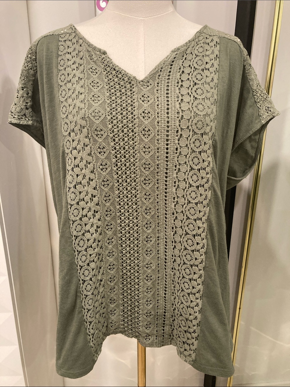 Olive Crochet-Front V-Neck Cotton Tunic Top